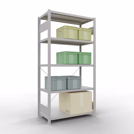 Scaffale base, scaffale, sistema a innesto MULTIplus250, 2000 x 1000 x 500 mm (AxLxP), 5 ripiani, traversa, RAL 7035 grigio chiaro di Schulte Lagertechnik con l'articolo n. 32850