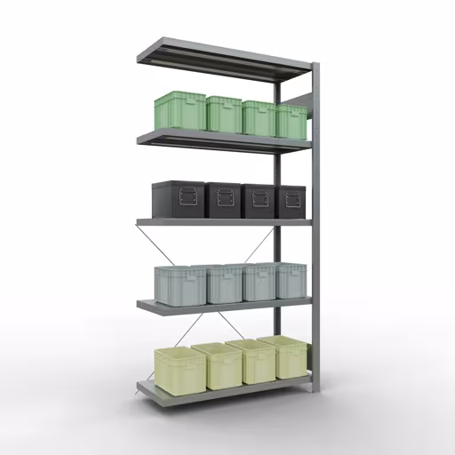 Un'altra vista dell'articolo Scaffale aggiuntivo, ripiano a scaffale, sistema a innesto MULTIplus250, 2000 x 1000 x 400 mm (AxLxP), 5 ripiani, traversa, zincato dalla categoria Sistema a innesto