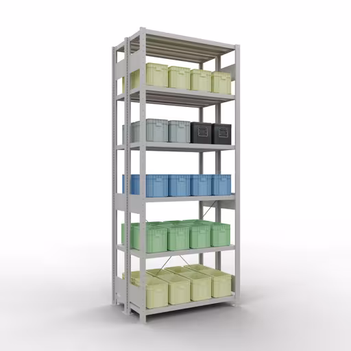 Image du produit n° 12 de l'article étagère de base, système enfichable pour étagères MULTIplus250, 2500 x 1000 x (2x300) mm, 2x6 étagères, RAL 7035 gris clair de la gamme d'étagères pour étagères de la marque Schulte Lagertechnik