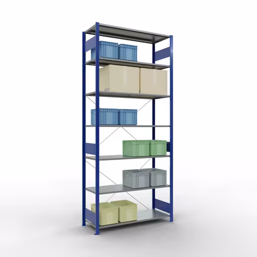 Scaffale base, scaffale, sistema a innesto MULTIplus150, 3000 x 1300 x 500 mm (AxLxP), 7 ripiani, traversa, RAL 5010 blu genziana/zincato di Schulte Lagertechnik con l'articolo n. 12752-130-B