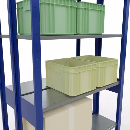 Un'altra vista dell'articolo Scaffale base, ripiano doppio, sistema a innesto per ripiano MULTIplus150, 2500 x 1000 x (2x300) mm (AxLxP), 2x6 ripiani, barre longitudinali, RAL 5010 blu genziana dalla categoria ripiani