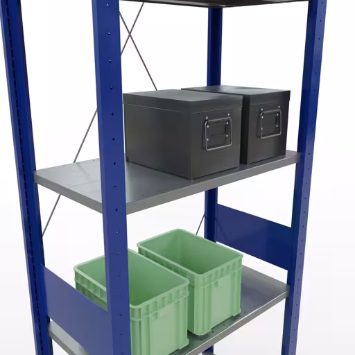 Immagine aggiuntiva dell'articolo Scaffale base, scaffale, sistema a innesto MULTIplus150, 3000 x 750 x 400 mm (AxLxP), 7 ripiani, traversa, RAL 5010 blu genziana/zincato/zincato Immagine aggiuntiva dell'articolo ripiano base, ripiano ripiano, sistema a innesto MULTIplus150, 3000 x 750 x 400 mm (AxLxP), 7 ripiani, traversa, RAL 5010 blu genziana/zincato/zincato da ripiano base