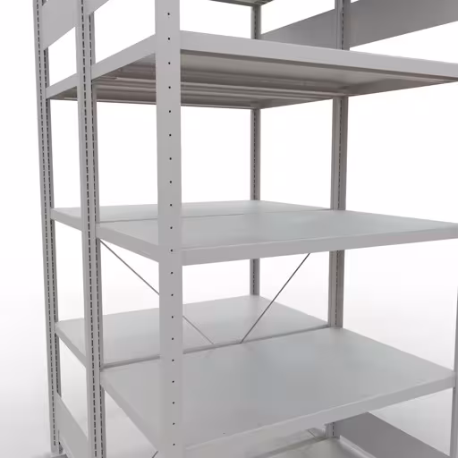 Étagère de base, étagère double, système d'étagères MULTIplus250, 2000 x 1000 x (2x600) mm, 2x5 étagères, traverse, RAL 7035 gris clair de la catégorie étagères doubles avec le GTIN 4004514292186 Étagère de base, étagère double, système d'étagères MULTIplus250, 2000 x 1000 x (2x600) mm, 2x5 étagères, gris clair RAL 7035 de Schulte Lagertechnik de la gamme d'étagères