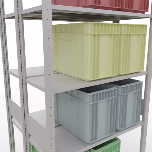 Une autre vue de l'article Etagère de base, étagère double, étagère système enfichable MULTIplus150, 3000 x 1000 x (2x400) mm (HxLxP), 2x7 étagères, barres de longueur, RAL 7035 gris clair Une autre vue de l'article Étagère de base, étagère double, système d'étagère enfichable MULTIplus150, 3000 x 1000 x (2x400) mm, 2x7 étagères, RAL 7035 gris clair de la catégorie étagères