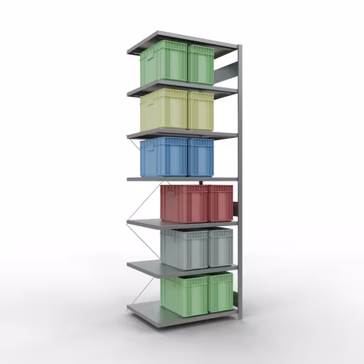 Produktbild Nr 12 des Artikels Anbauregal, Fachbodenregal Stecksystem MULTIplus330, 3000 x 1000 x 800 mm (HxBxT), 7 Fachböden, Kreuzstrebe, verzinkt Abbildung Nr 12 des Artikels Anbauregal, Fachbodenregal Stecksystem MULTIplus330, 3000 x 1000 x 800 mm (HxBxT), 7 Fachböden, Kreuzstrebe, verzinkt aus der Produktgruppe Stecksystem von der Marke Schulte Lagertechnik