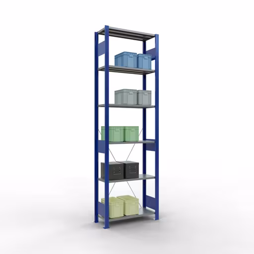 Étagère de base, étagère, système enfichable MULTIplus150, 2500 x 750 x 300 mm, 6 étagères, traverse, RAL 5010 bleu gentiane/galvanisé/galvanisé de la catégorie d'étagères de base avec le GTIN 4004514279521 Étagère de base, étagère, système enfichable MULTIplus150, 2500 x 750 x 300 mm, 6 étagères, RAL 5010 bleu gentiane/galvanisé/galvanisé de Schulte Lagertechnik de la gamme de produits du système enfichable