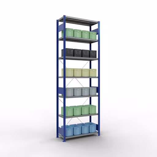 Image du produit n° 15 de l'article étagère de base, étagère, système enfichable MULTIplus330, 3000 x 1000 x 400 mm (HxLxP), 7 étagères, traverse, RAL 5010 bleu gentiane/galvanisé Figure n° 15 de l'article étagère de base, système d'étagères enfichables MULTIplus330, 3000 x 1000 x 400 mm, 7 étagères, RAL 5010 bleu gentiane/galvanisé du groupe de produits système enfichable de la marque Schulte Lagertechnik