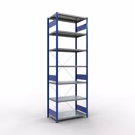 Une autre vue de l'article Étagère de base, étagère, système enfichable MULTIplus250, 3000 x 1000 x 600 mm, 7 tablettes, traverse, RAL 5010 bleu gentiane/galvanisé de la catégorie système enfichable