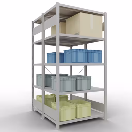 Une autre vue de l'article Etagère de base, étagère double, étagère système enfichable MULTIplus250, 2000 x 1000 x (2x600) mm, 2x5 étagères, traverse, RAL 7035 gris clair Une autre vue de l'article Étagère de base, étagère double, système d'étagère enfichable MULTIplus250, 2000 x 1000 x (2x600) mm, 2x5 étagères, RAL 7035 gris clair de la catégorie étagères
