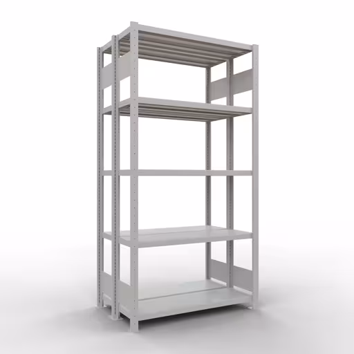 Étagère de base, étagère double, système d'étagères MULTIplus250, 2000 x 1000 x (2x300) mm (HxLxP), 2x5 étagères, barres de longueur, RAL 7035 gris clair, étagères doubles, réf. 33230