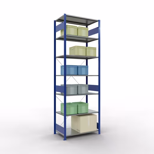 Étagère de base, étagère, système enfichable MULTIplus85, 3000 x 1000 x 600 mm, 7 étagères, traverse, RAL 5010 bleu gentiane de Schulte Lagertechnik avec le réf. 13162-B