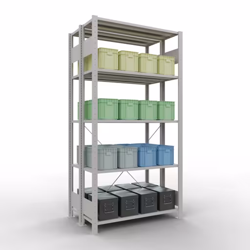 Image du produit n° 16 de l'article étagère de base, étagère double, étagère système enfichable MULTIplus150, 2000 x 1000 x (2x300) mm, 2x5 étagères, traverse, RAL 7035 gris clair Figure n° 16 de l'article étagère de base, étagère double, système d'étagères MULTIplus150, 2000 x 1000 x (2x300) mm, 2x5 étagères, RAL 7035 gris clair du groupe de produits étagères de Schulte Lagertechnik