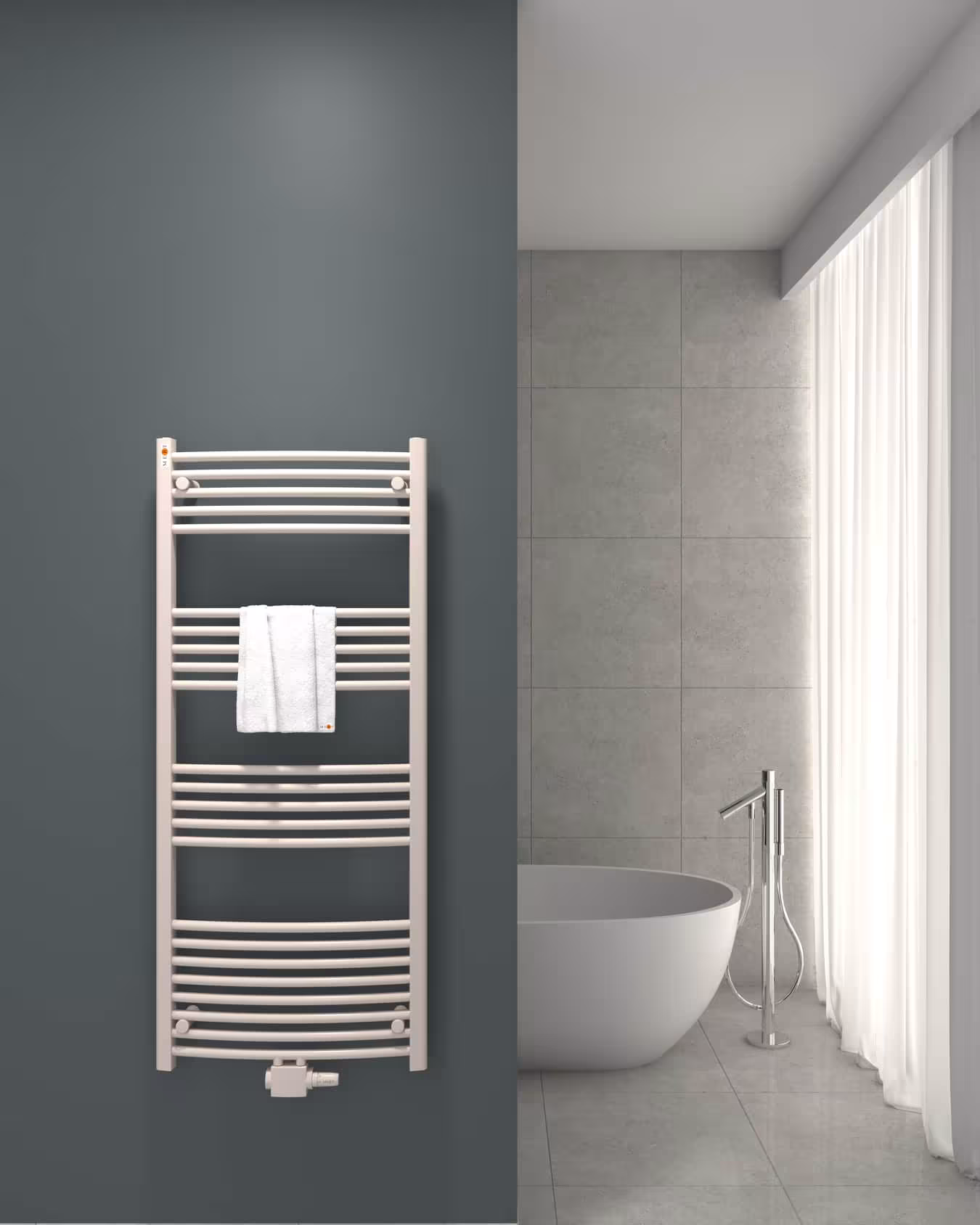 Radiatore da bagno curvo bianco, 600 x 1400 mm, attacco centrale di MERT Radiatore da bagno MERT curvo bianco, attacco centrale, radiatore da bagno, articolo n. 2-60x140-M