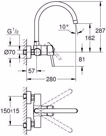 Technische Zeichnung 3992848 Miscelatore monocomando per lavello a parete GROHE Concetto 32667 cromo