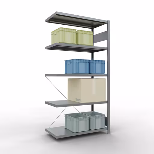 Andere Ansicht des Artikels Anbauregal, Fachbodenregal Stecksystem MULTIplus250, 2000 x 1000 x 500 mm (HxBxT), 5 Fachböden, Kreuzstrebe, verzinkt Andere Ansicht des Artikels Anbauregal, Fachbodenregal Stecksystem MULTIplus250, 2000 x 1000 x 500 mm (HxBxT), 5 Fachböden, Kreuzstrebe, verzinkt aus der Kategorie Stecksystem