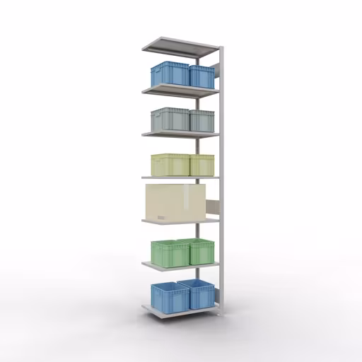 Rayonnage complémentaire, rayonnage, système enfichable MULTIplus150, 3000 x 750 x 500 mm (HxLxP), 7 tablettes, barres de longueur, RAL 7035 gris clair avec le numéro d'article 1100001. 32657-75-LR Rayonnage supplémentaire, étagère, système enfichable MULTIplus150, 3000 x 750 x 500 mm, 7 étagères, gris clair RAL 7035 de Schulte Lagertechnik de la catégorie des systèmes enfichables