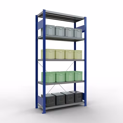 Scaffale base, scaffale, sistema a innesto MULTIplus330, 2000 x 1000 x 400 mm (AxLxP), 5 ripiani, traversa, RAL 5010 blu genziana/zincato della marca Schulte Lagertechnik della gamma sistemi a innesto