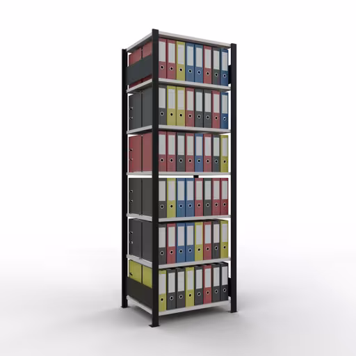 Scaffale base, scaffale per ufficio, sistema a innesto MULTIplus150, 2300 x 750 x 600 mm (AxLxP), 7 ripiani, barre longitudinali, con fermo centrale, nero/grigio chiaro della marca Schulte Lagertechnik dal programma scaffali per ufficio