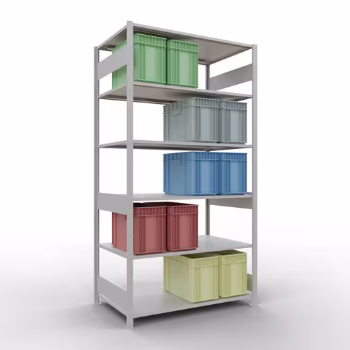 Étagère de base, étagère à étagères, système enfichable MULTIplus150, 2500 x 1300 x 800 mm, 6 étagères, RAL 7035 gris clair avec le numéro d'article 1100001. 32681-130-LR Étagère de base, étagère, système enfichable MULTIplus150, 2500 x 1300 x 800 mm, 6 étagères, RAL 7035 gris clair de Schulte Lagertechnik de la catégorie système enfichable