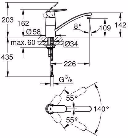 Technische Zeichnung 4038916 Miscelatore monocomando per lavello GROHE Eurosmart C 32842 bocca piatta cromo