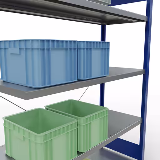 Image du produit n° 12 de l'article Rayonnage complémentaire, rayonnage à étagères, système enfichable MULTIplus250, 2000 x 1300 x 500 mm, 5 étagères, traverse, RAL 5010 bleu gentiane/galvanisé Figure n° 12 de l'article étagère complémentaire, étagère à étagères, système enfichable MULTIplus250, 2000 x 1300 x 500 mm, 5 étagères, RAL 5010 bleu gentiane/galvanisé du groupe de produits système enfichable de Schulte Lagertechnik