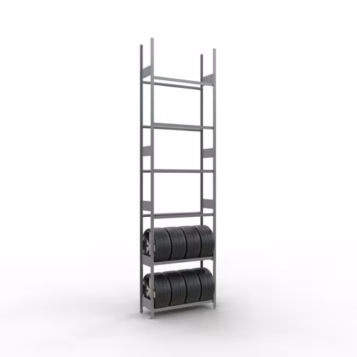 Scaffalatura base, scaffalatura per ruote/pneumatici, 4500 x 1200 x 400 mm, zincata, 6 livelli di stoccaggio con carico del ripiano di 150 kg per livello della categoria stoccaggio ricambi auto con GTIN 4004514265685 Scaffalatura base, scaffalatura per ruote/pneumatici, 4500 x 1200 x 400 mm, zincata, 6 livelli di stoccaggio con carico del ripiano di 150 kg per livello della marca Schulte Lagertechnik dal programma di scaffalature a scaffali