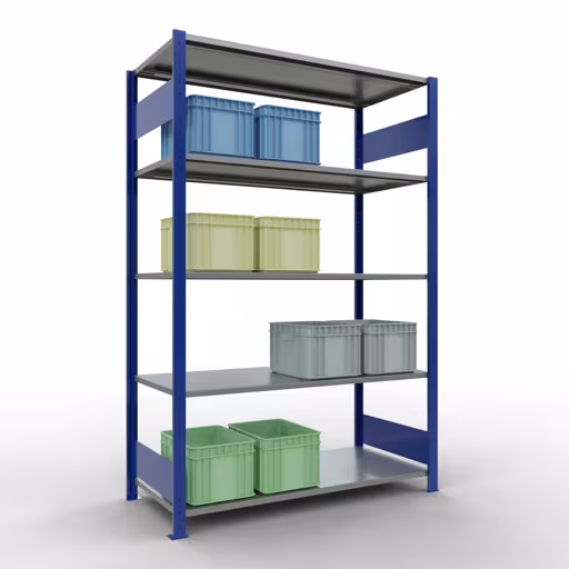 Étagère de base, étagère, système enfichable MULTIplus150, 2000 x 1300 x 600 mm (HxLxP), 5 étagères, barres de longueur, RAL 5010 bleu gentiane/galvanisé avec la référence réf. 12760-130-LR-B Étagère de base, étagère, système enfichable MULTIplus150, 2000 x 1300 x 600 mm, 5 étagères, RAL 5010 bleu gentiane/galvanisé de Schulte Lagertechnik de la catégorie système enfichable