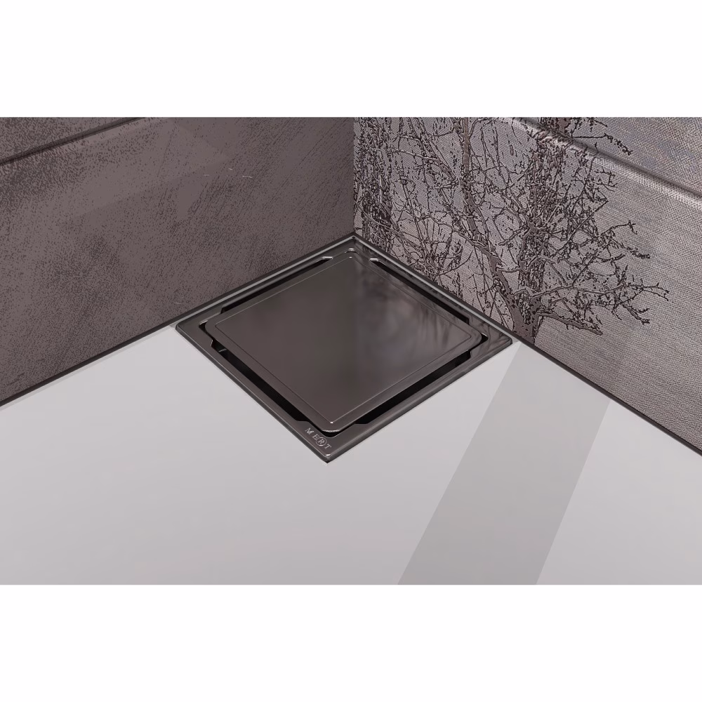 Siphon de sol plat Mert avec couvercle en acier inoxydable de la marque Mert Siphon de sol plat MERT en verre trempé 110x110mm, de la catégorie siphons de sol, référence DU-11-CD-EDEL