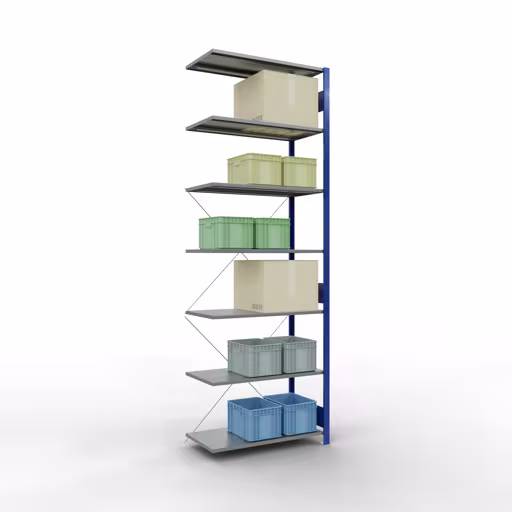 Image du produit n° 16 de l'article Rayonnage complémentaire, rayonnage à étagères, système enfichable MULTIplus85, 3000 x 1000 x 500 mm (HxLxP), 7 étagères, traverse, RAL 5010 bleu gentiane Figure n° 16 de l'article étagère complémentaire, étagère à étagères, système enfichable MULTIplus85, 3000 x 1000 x 500 mm, 7 étagères, traverse, RAL 5010 bleu gentiane du groupe de produits système enfichable de la marque Schulte Lagertechnik