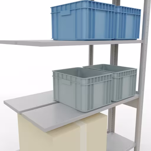 Étagère supplémentaire, étagère double, système d'étagères MULTIplus150, 2500 x 1000 x (2x300) mm (HxLxP), 2x6 étagères, barres de longueur, RAL 7035 gris clair de la catégorie étagère double avec le GTIN 4004514269904. Rayonnage supplémentaire, rayonnage double, système d'étagères MULTIplus150, 2500 x 1000 x (2x300) mm, 2x6 étagères, gris clair RAL 7035 de la marque Schulte Lagertechnik de la gamme de produits d'étagères