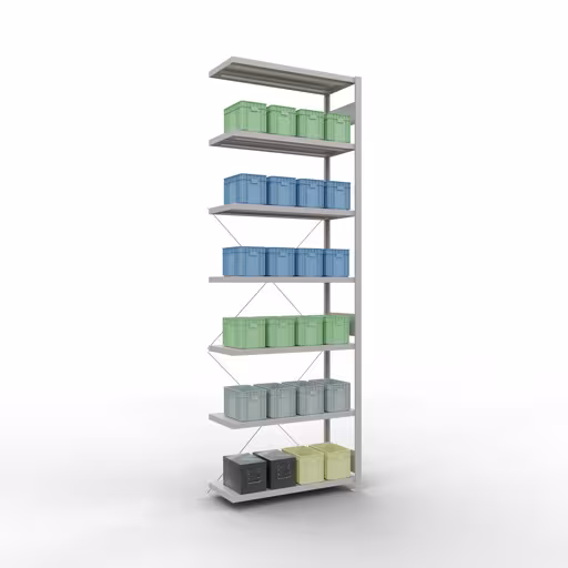 Étagère supplémentaire, étagère, système enfichable MULTIplus250, 3000 x 1000 x 400 mm, 7 étagères, traverse, RAL 7035 gris clair avec le GTIN 4004514204172 , Système de rayonnage à étagères MULTIplus250, 3000 x 1000 x 400 mm, 7 étagères, gris clair RAL 7035 de Schulte Lagertechnik avec la référence réf. 32847