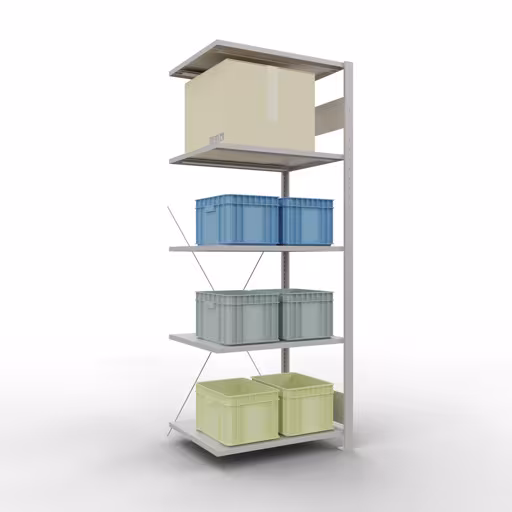 Andere Ansicht des Artikels Anbauregal, Fachbodenregal Stecksystem MULTIplus150, 2000 x 750 x 600 mm (HxBxT), 5 Fachböden, Kreuzstrebe, RAL 7035 lichtgrau Andere Ansicht des Artikels Anbauregal, Fachbodenregal Stecksystem MULTIplus150, 2000 x 750 x 600 mm (HxBxT), 5 Fachböden, Kreuzstrebe, RAL 7035 lichtgrau aus der Kategorie Stecksystem