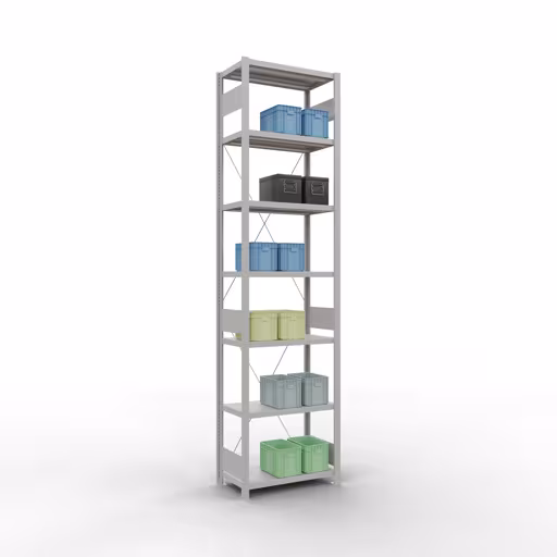 Produktbild Nr 13 des Artikels Grundregal, Fachbodenregal Stecksystem MULTIplus250, 3000 x 750 x 400 mm (HxBxT), 7 Fachböden, Kreuzstrebe, RAL 7035 lichtgrau Abbildung Nr 13 des Artikels Grundregal, Fachbodenregal Stecksystem MULTIplus250, 3000 x 750 x 400 mm (HxBxT), 7 Fachböden, Kreuzstrebe, RAL 7035 lichtgrau aus der Produktgruppe Stecksystem von der Marke Schulte Lagertechnik