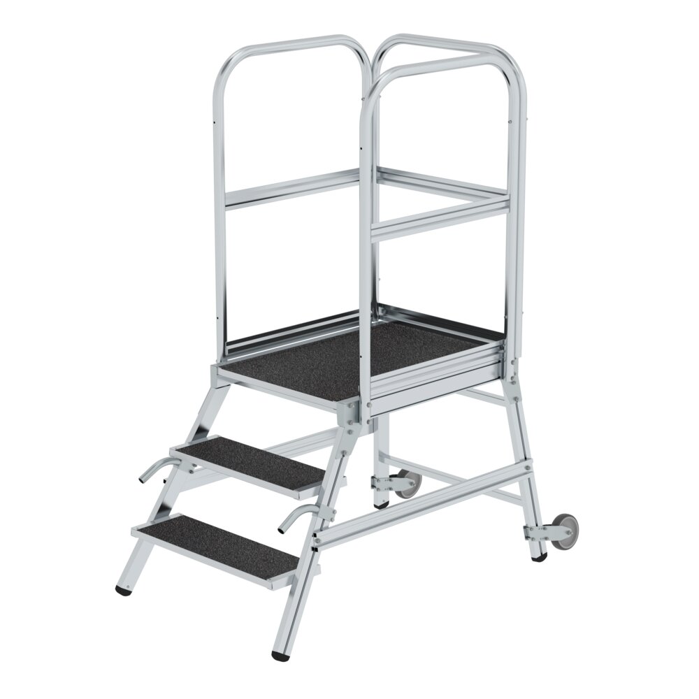 Escalier à plateforme Munk, accessible d'un seul côté, avec roulettes et poignées, revêtement en corindon, R13, 3 marches, par Günzburger Steigtechnik Escalier à plateforme Munk, accessible d'un seul côté, avec roulettes et poignées, revêtement en corindon R13, de la catégorie « Escalier à plateforme », référence 055103