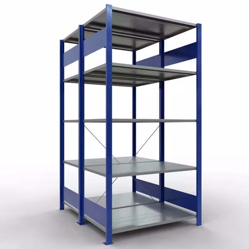 Étagère de base, étagère double, système d'étagères MULTIplus150, 2000 x 1000 x (2x600) mm (HxLxP), 2x5 étagères, traverse, RAL 5010 bleu gentiane, étagères doubles, réf. 32760-B
