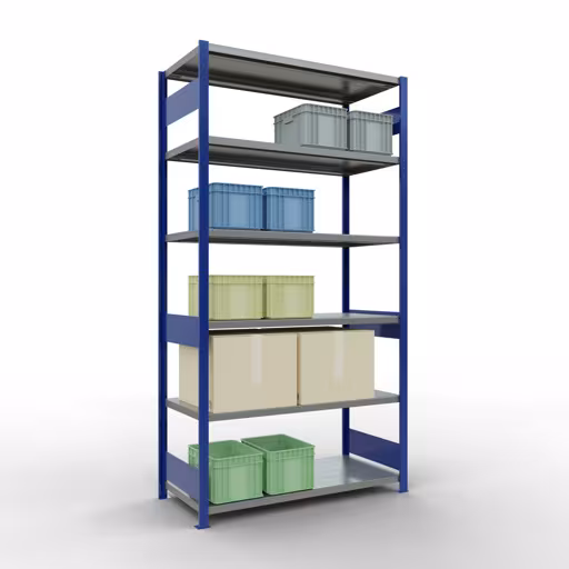 Scaffale base, scaffale, sistema a innesto MULTIplus250, 2500 x 1300 x 600 mm (AxLxP), 6 ripiani, barre longitudinali, RAL 5010 blu genziana/zincato di Schulte Lagertechnik con l'articolo n. 12961-130-LR-B