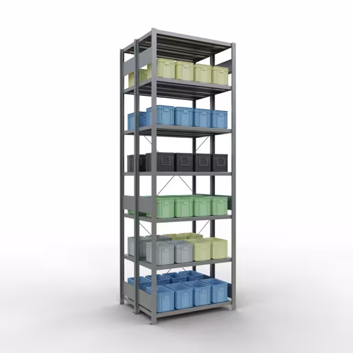 Une autre vue de l'article étagère de base, étagère système enfichable MULTIplus250, 3000 x 1000 x (2x400) mm, 2x7 étagères, galvanisée de la catégorie e