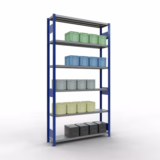 Image du produit n° 13 de l'article étagère de base, étagère, système enfichable MULTIplus250, 2500 x 1300 x 300 mm, 6 étagères, barres de longueur, RAL 5010 bleu gentiane/galvanisé Figure n° 13 de l'article étagère de base, étagère, système enfichable MULTIplus250, 2500 x 1300 x 300 mm, 6 étagères, RAL 5010 bleu gentiane/galvanisé du groupe de produits système enfichable de Schulte Lagertechnik