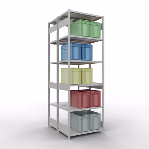 Etagère de base, étagère double, système d'étagères MULTIplus250, 3000 x 1000 x (2x600) mm, 2x7 étagères, barres de longueur, RAL 7035 gris clair avec le GTIN 4058255035694 Étagère de base, étagère double, système d'étagères enfichables MULTIplus250, 3000 x 1000 x (2x600) mm, 2x7 étagères, gris clair RAL 7035 de Schulte Lagertechnik avec le numéro d'article : 33262