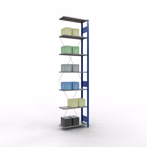 Rayonnage supplémentaire, rayonnage à étagères, système enfichable MULTIplus150, 3000 x 750 x 300 mm, 7 étagères, traverse, RAL 5010 bleu gentiane/galvanisé/galvanisé avec le GTIN 4004514279859 , système d'étagères enfichables pour étagères MULTIplus150, 3000 x 750 x 300 mm, 7 étagères, RAL 5010 bleu gentiane/galvanisé/galvanisé de Schulte Lagertechnik avec le numéro d'article. 12737-75-B