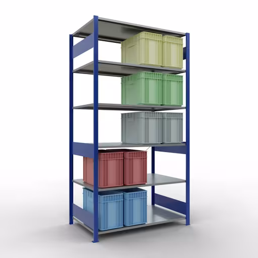 Scaffale base, scaffale, sistema a innesto MULTIplus150, 2500 x 1300 x 800 mm (AxLxP), 6 ripiani, traversa, RAL 5010 blu genziana/zincato di Schulte Lagertechnik della categoria Sistema a innesto