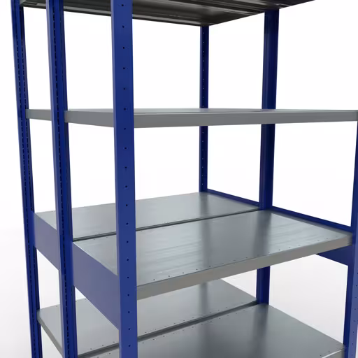 Une autre vue de l'article Etagère de base, étagère double, étagère système enfichable MULTIplus250, 2500 x 1000 x (2x500) mm, 2x6 étagères, barres de longueur, RAL 5010 bleu gentiane Une autre vue de l'article Etagère Basic, étagère double, système d'étagères MULTIplus250, 2500 x 1000 x (2x500) mm, 2x6 étagères, RAL 5010 bleu gentiane de la catégorie étagère