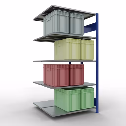 Une autre vue de l'article Étagère rapportée, étagère double, système d'étagère enfichable MULTIplus150, 2000 x 1000 x (2x500) mm, 2x5 étagères, RAL 5010 bleu gentiane de la catégorie étagères