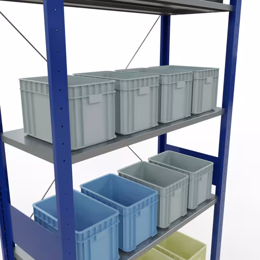 Grundregal, Fachbodenregal Stecksystem MULTIplus150, 3000 x 1000 x 400 mm (HxBxT), 7 Fachböden, Kreuzstrebe, RAL 5010/verzinkt mit der Artikelnr. 12742-B Grundregal, Fachbodenregal Stecksystem MULTIplus150, 3000 x 1000 x 400 mm (HxBxT), 7 Fachböden, Kreuzstrebe, RAL 5010/verzinkt von Schulte Lagertechnik aus der Kategorie Stecksystem