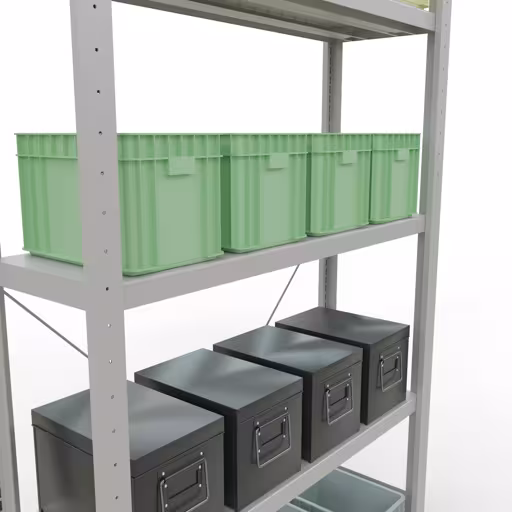 Immagine del prodotto n. 8 dell'articolo scaffale base, scaffale, sistema a innesto MULTIplus250, 2000 x 1000 x 300 mm (AxLxP), 5 ripiani, traversa, RAL 7035 grigio chiaro dalla gamma di prodotti del sistema a innesto della marca Schulte Lagertechnik