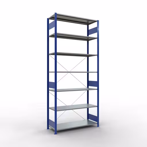 Scaffale base, scaffale, sistema a innesto MULTIplus150, 3000 x 1300 x 500 mm (AxLxP), 7 ripiani, traversa, RAL 5010 blu genziana/zincato della marca Schulte Lagertechnik della gamma sistemi a innesto
