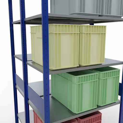 Andere Ansicht des Artikels Grundregal, Doppelregal, Fachbodenregal Stecksystem MULTIplus150, 3000 x 1000 x (2x600) mm (HxBxT), 2x7 Fachböden, Längenriegel, RAL 5010 enzianblau aus der Kategorie Fachbodenregale