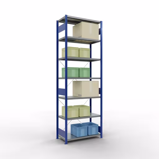 Image du produit n° 15 de l'article étagère de base, étagère, système enfichable MULTIplus330, 3000 x 1000 x 500 mm (HxLxP), 7 étagères, traverse, RAL 5010 bleu gentiane/galvanisé Figure n° 15 de l'article étagère de base, système d'étagères enfichables MULTIplus330, 3000 x 1000 x 500 mm, 7 étagères, RAL 5010 bleu gentiane/galvanisé du groupe de produits système enfichable de la marque Schulte Lagertechnik