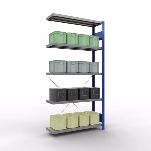 Image du produit n° 12 de l'article Rayonnage complémentaire, rayonnage à étagères, système enfichable MULTIplus330, 2000 x 1000 x 300 mm (HxLxP), 5 étagères, traverse, RAL 5010 bleu gentiane/galvanisé Figure n° 12 de l'article étagère complémentaire, étagère à étagères, système enfichable MULTIplus330, 2000 x 1000 x 300 mm, 5 étagères, RAL 5010 bleu gentiane/galvanisé du groupe de produits système enfichable de la marque Schulte Lagertechnik