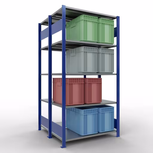 Produktbild Nr.12 des Artikels Grundregal, Doppelregal, Fachbodenregal Stecksystem MULTIplus150, 2000 x 1000 x (2x500) mm (HxBxT), 2x5 Fachböden, Längenriegel, RAL 5010 enzianblau aus der Produktreihe Fachbodenregale von der Marke Schulte Lagertechnik